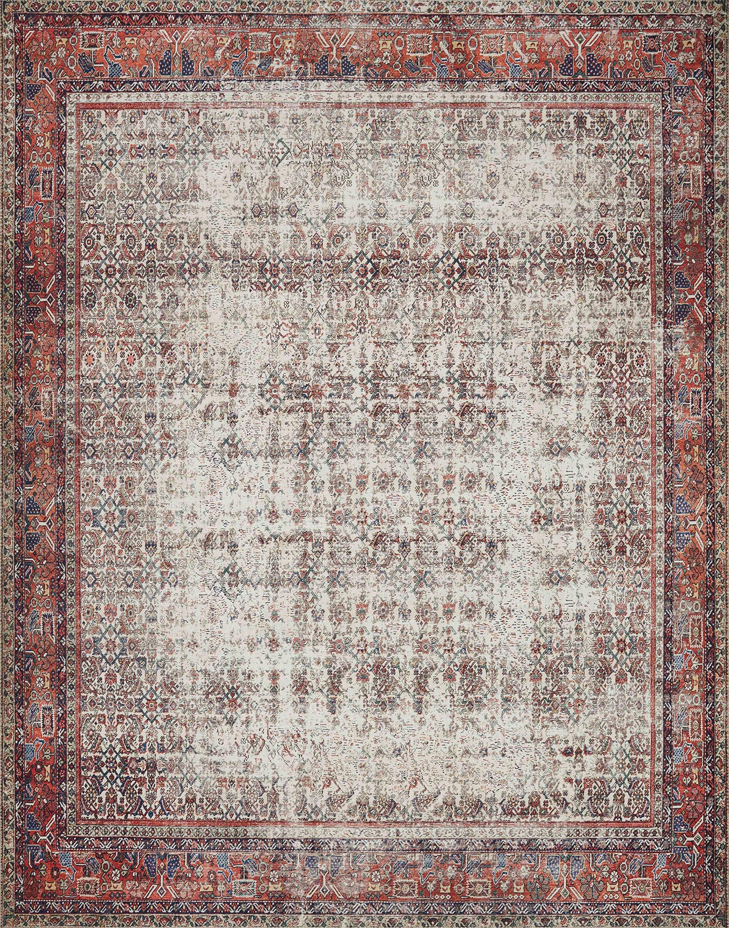Loloi Layla Collection LAY-12 Ivory/Brick 7'-6" x 9'-6" .13" Thick Area Rug, Soft, Durable, Vintage Inspired, Distressed, Low Pile, Non-Shedding, Easy Clean, Printed, Living Room Rug