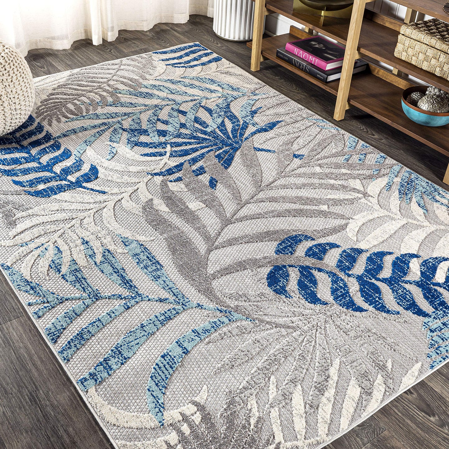 JONATHAN Y Tropics Palm Leaves Indoor Outdoor Area Rug 3X5 Gray/Blue, Boho for Backyard, Patio, Porch, Easy-Cleaning, High Traffic, Pet-Friendly, Non-Shedding (AMC100A-3)