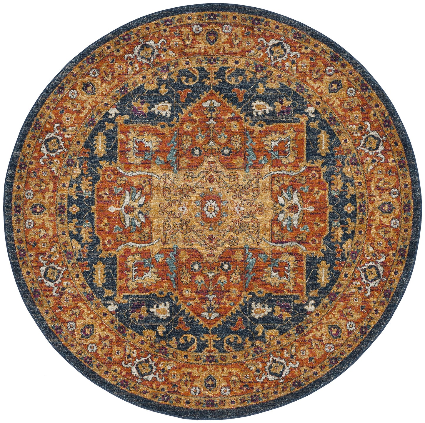 SAFAVIEH Evoke Collection Area Rug - 6'7" Round, Blue & Orange, Oriental Medallion Distressed Design, Non-Shedding & Easy Care, Ideal for High Traffic Areas in Living Room, Bedroom (EVK275C)