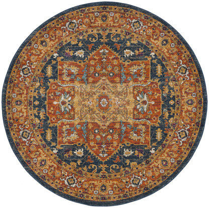 SAFAVIEH Evoke Collection Area Rug - 6'7" Round, Blue & Orange, Oriental Medallion Distressed Design, Non-Shedding & Easy Care, Ideal for High Traffic Areas in Living Room, Bedroom (EVK275C)