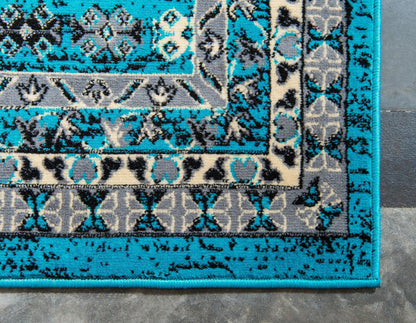 Unique Loom Taftan Collection Border Geometric Tribal Inspired Design Area Rug (5' 0 x 8' 0 Rectangular, Turquoise/ Gray)