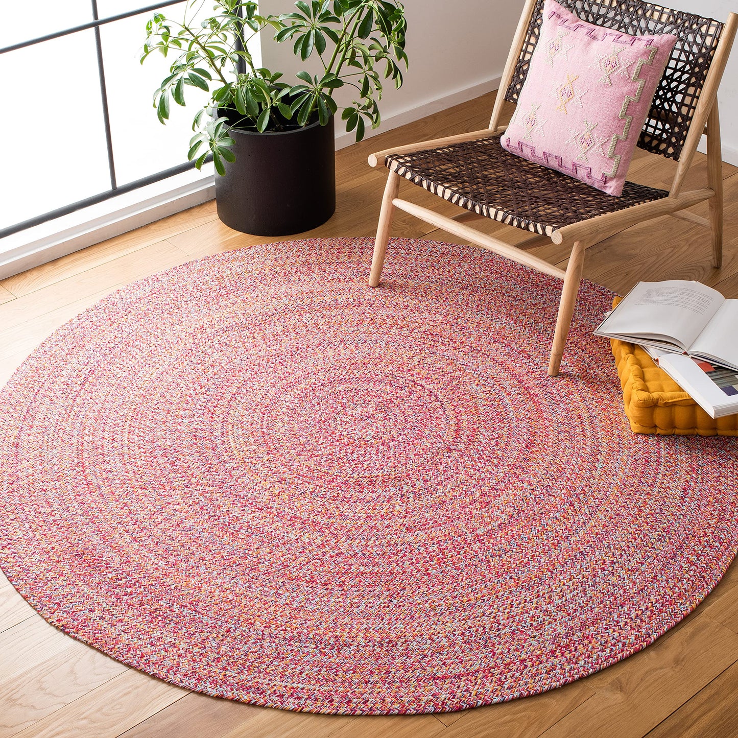 SAFAVIEH Braided Collection 5' Round Pink/Yellow BRD351U Flatweave Cotton Living Room Dining Bedroom Foyer Area Rug