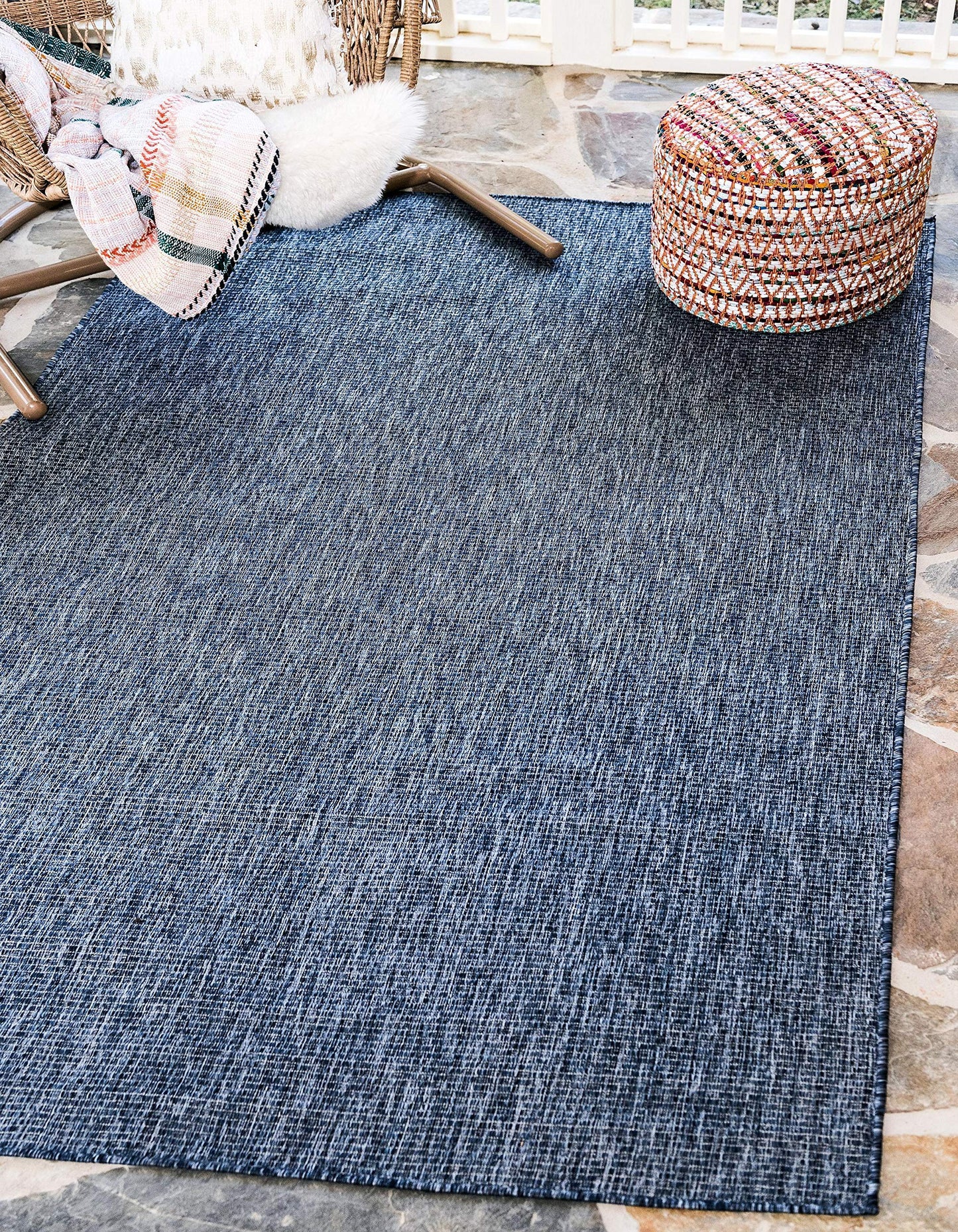 Unique Loom Collection Casual Transitional Solid Heathered Indoor/Outdoor Flatweave Area Rug (8' x 11' 4" Rectangle, Blue/Navy Blue)