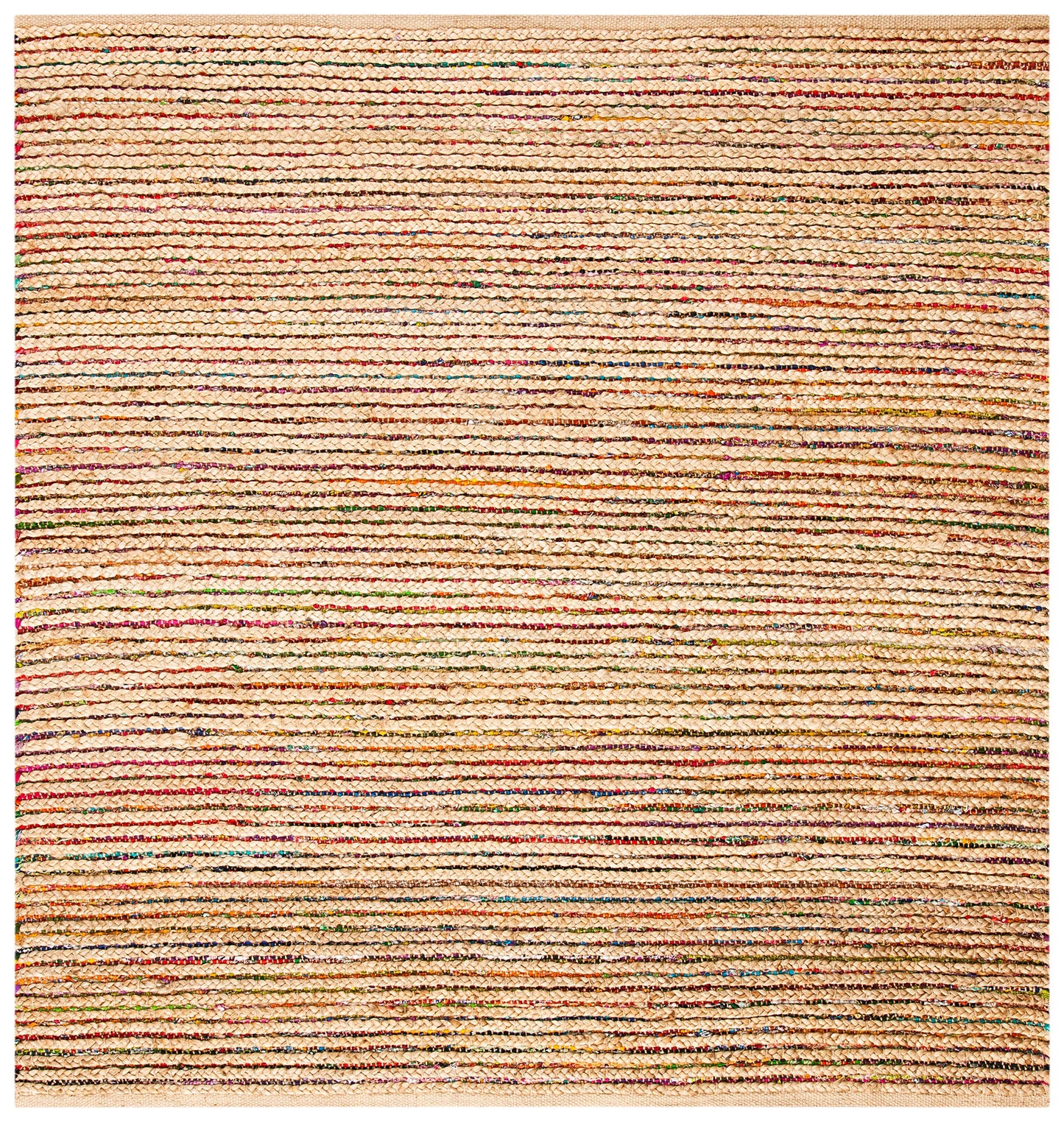 SAFAVIEH Cape Cod Collection Area Rug - 6' Square, Natural & Multi, Handmade Boho Braided Stripe Jute, Ideal for High Traffic Areas in Living Room, Bedroom (CAP307B)
