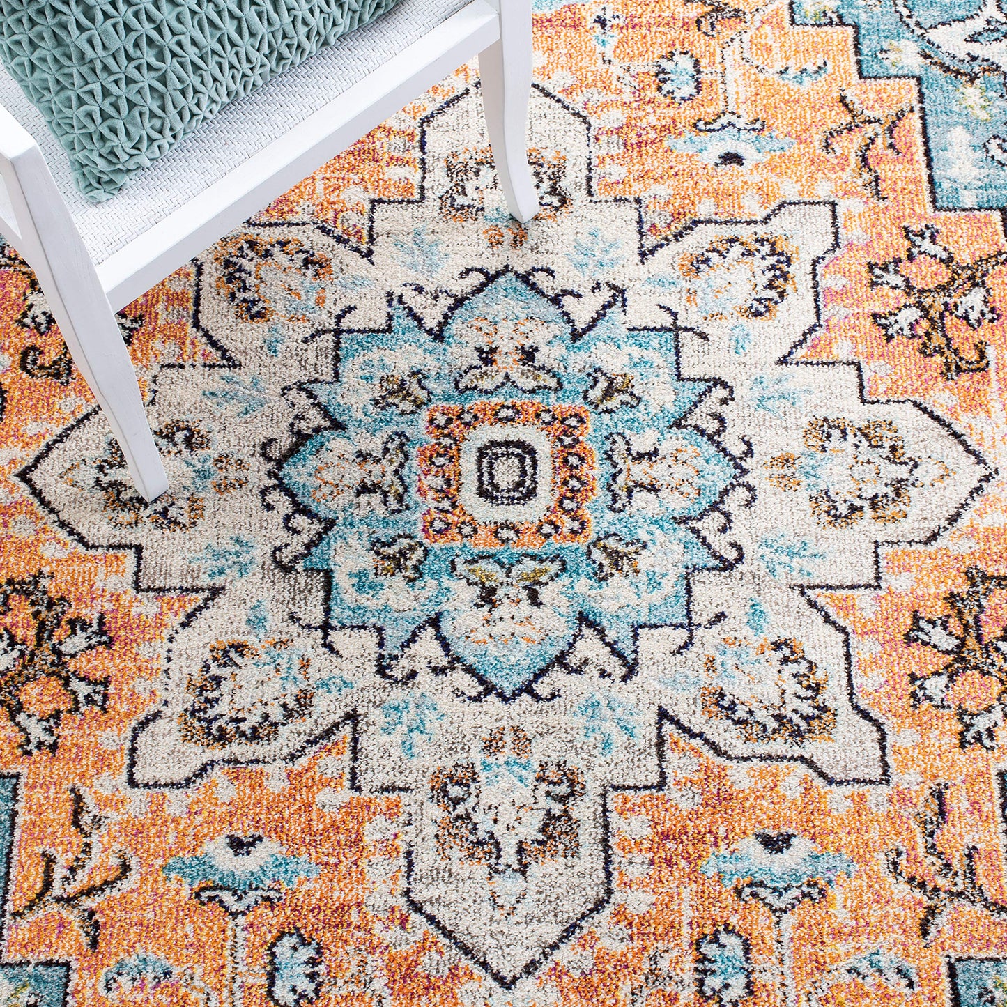 SAFAVIEH Area Rug 6x9 - Madison Collection - Orange & Teal, Boho Chic Distressed Medallion Design, Non-Shedding & Easy to Clean, Ideal for Living Room, Bedroom, Dining Space (MAD473P)