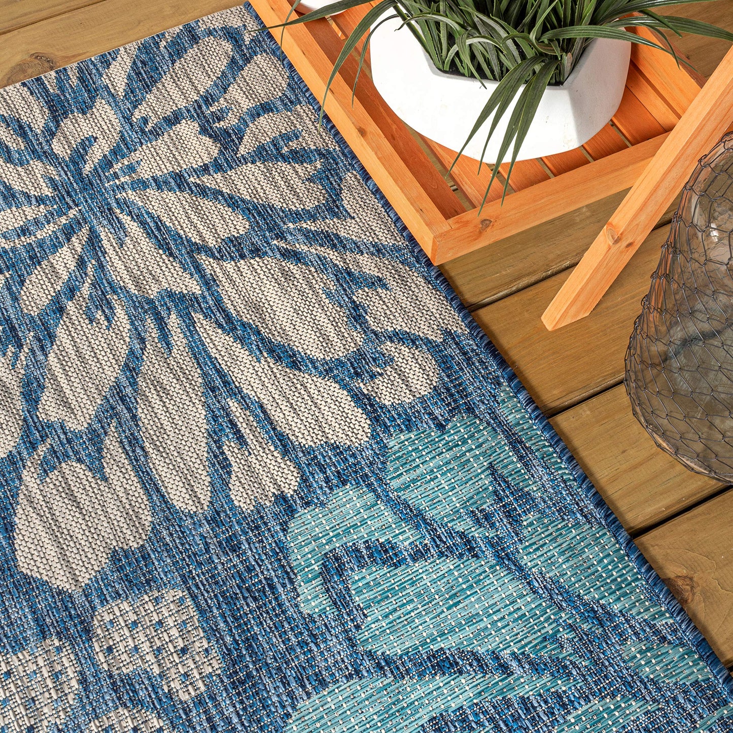 JONATHAN Y Floral Textured Weave Indoor Outdoor Area Rug 5X8 Navy/Aqua, Zinnia Modern for Backyard, Patio, Porch, Easy-Cleaning, High Traffic, Pet-Friendly, Non-Shedding (SMB110C-5)