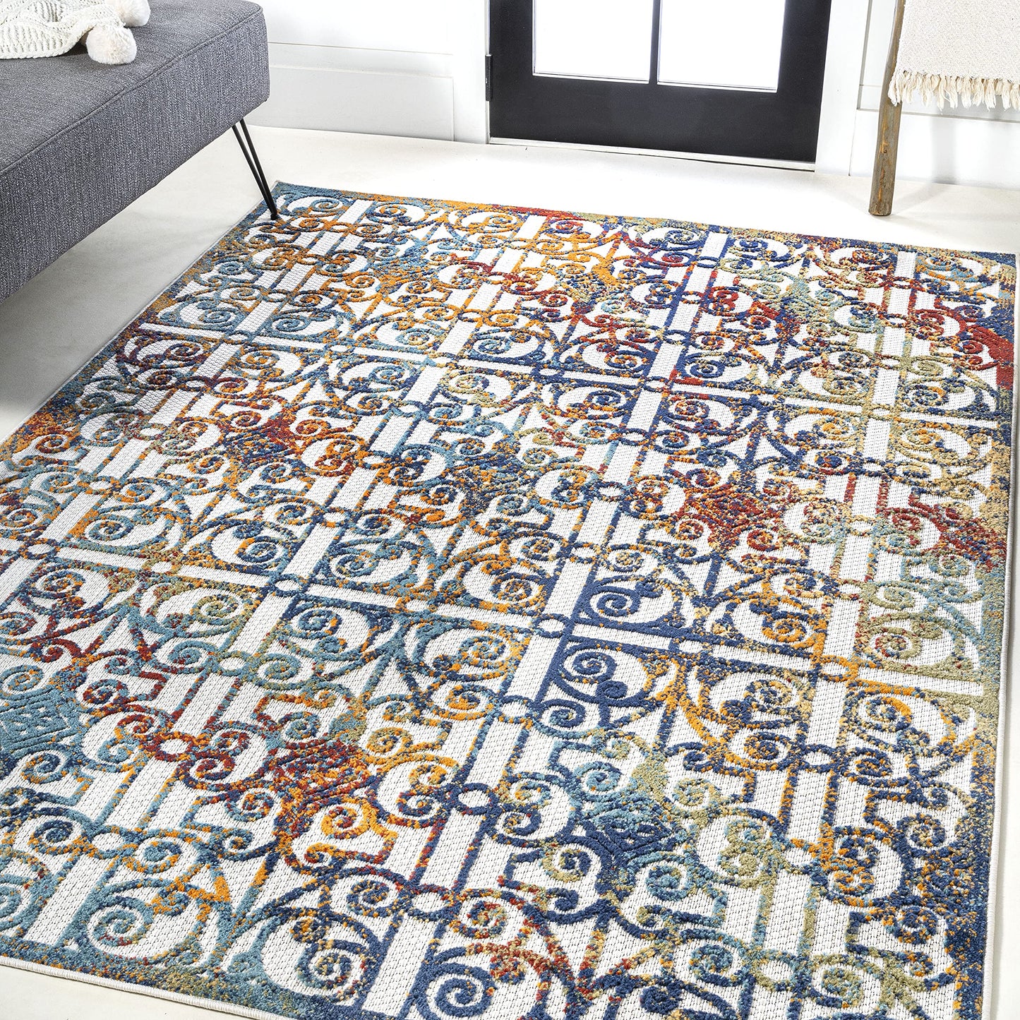 JONATHAN Y Ornate Trellis Indoor Outdoor Area Rug 3X5 Cream/Blue/Orange, Cetara for Backyard, Patio, Porch, Easy-Cleaning, High Traffic, Pet-Friendly, Non-Shedding (AMC111A-3)