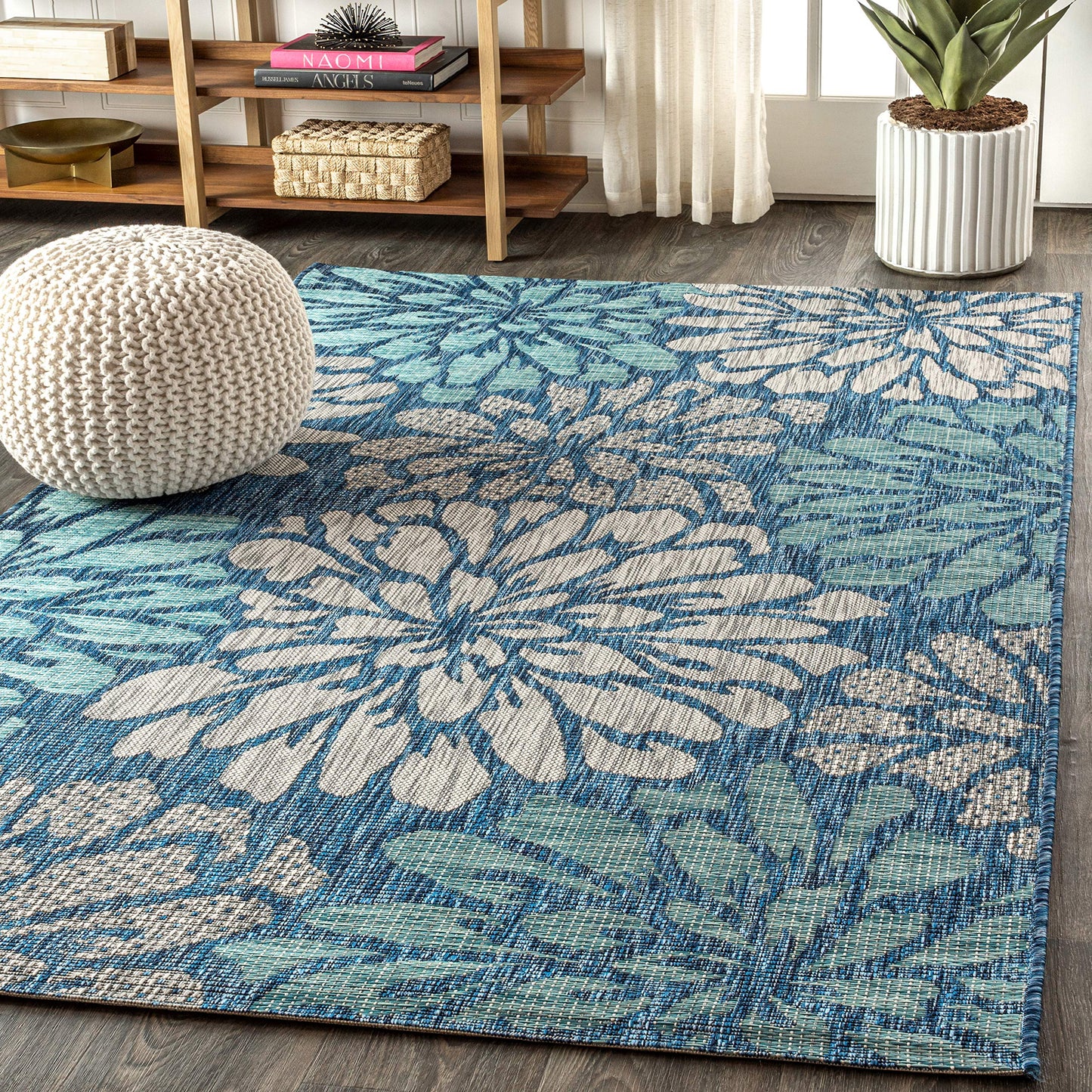 JONATHAN Y Floral Textured Weave Indoor Outdoor Area Rug 5X8 Navy/Aqua, Zinnia Modern for Backyard, Patio, Porch, Easy-Cleaning, High Traffic, Pet-Friendly, Non-Shedding (SMB110C-5)