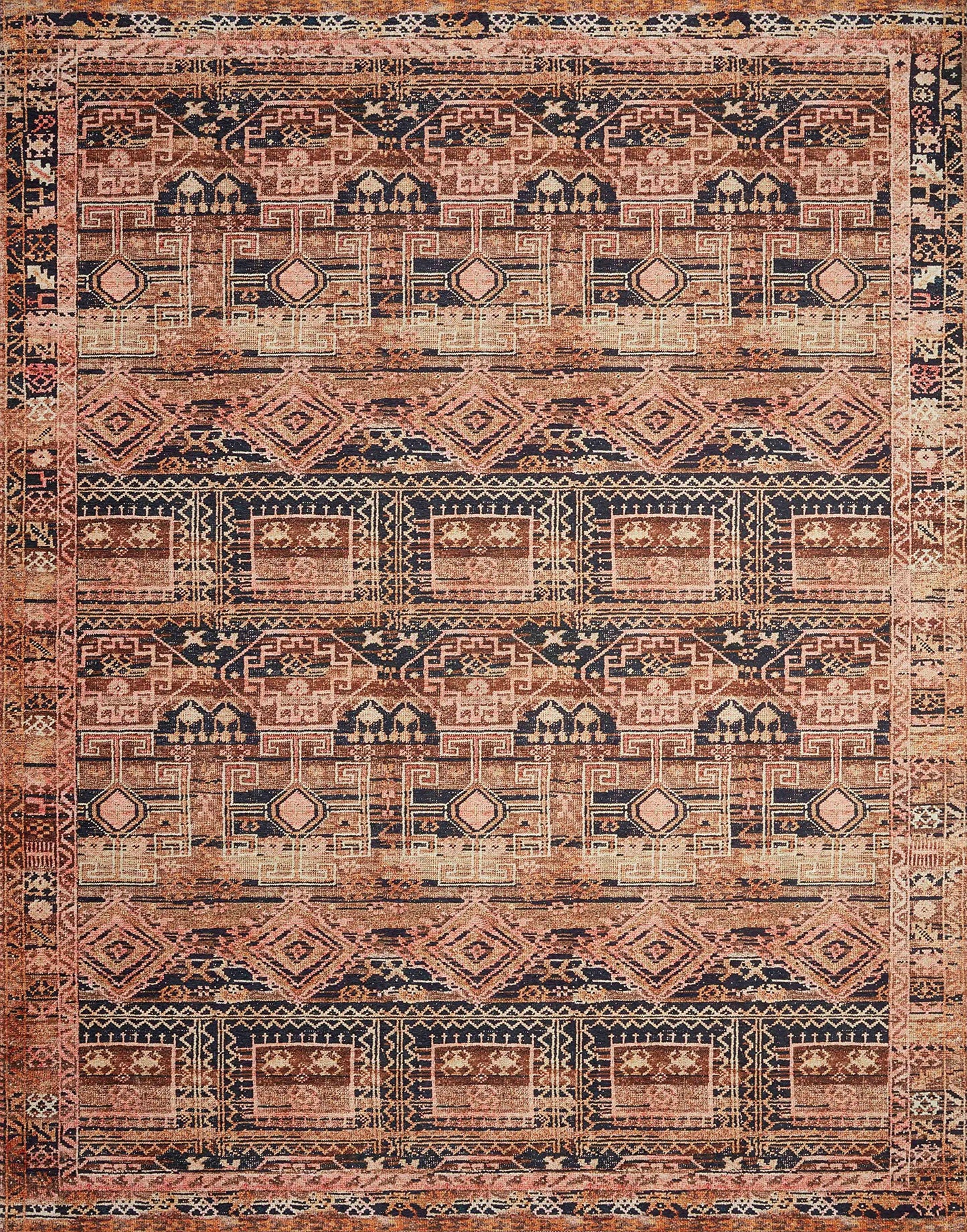 Loloi Layla Collection LAY-14 Mocha/Blush 7'-6" x 9'-6" .13" Thick Area Rug, Soft, Durable, Vintage Inspired, Distressed, Low Pile, Non-Shedding, Easy Clean, Printed, Living Room Rug